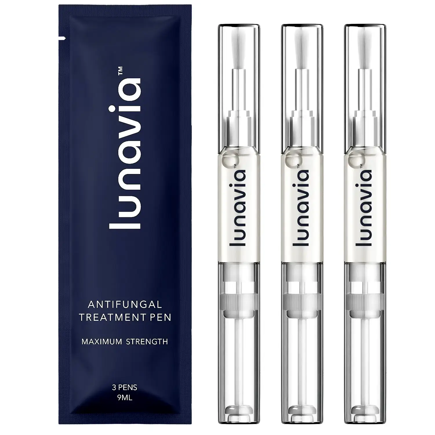 Three antifungal treatment pens and a packaging pouch labeled 'lunavia.'