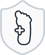 Outline of a foot with a cross symbol inside a shield.