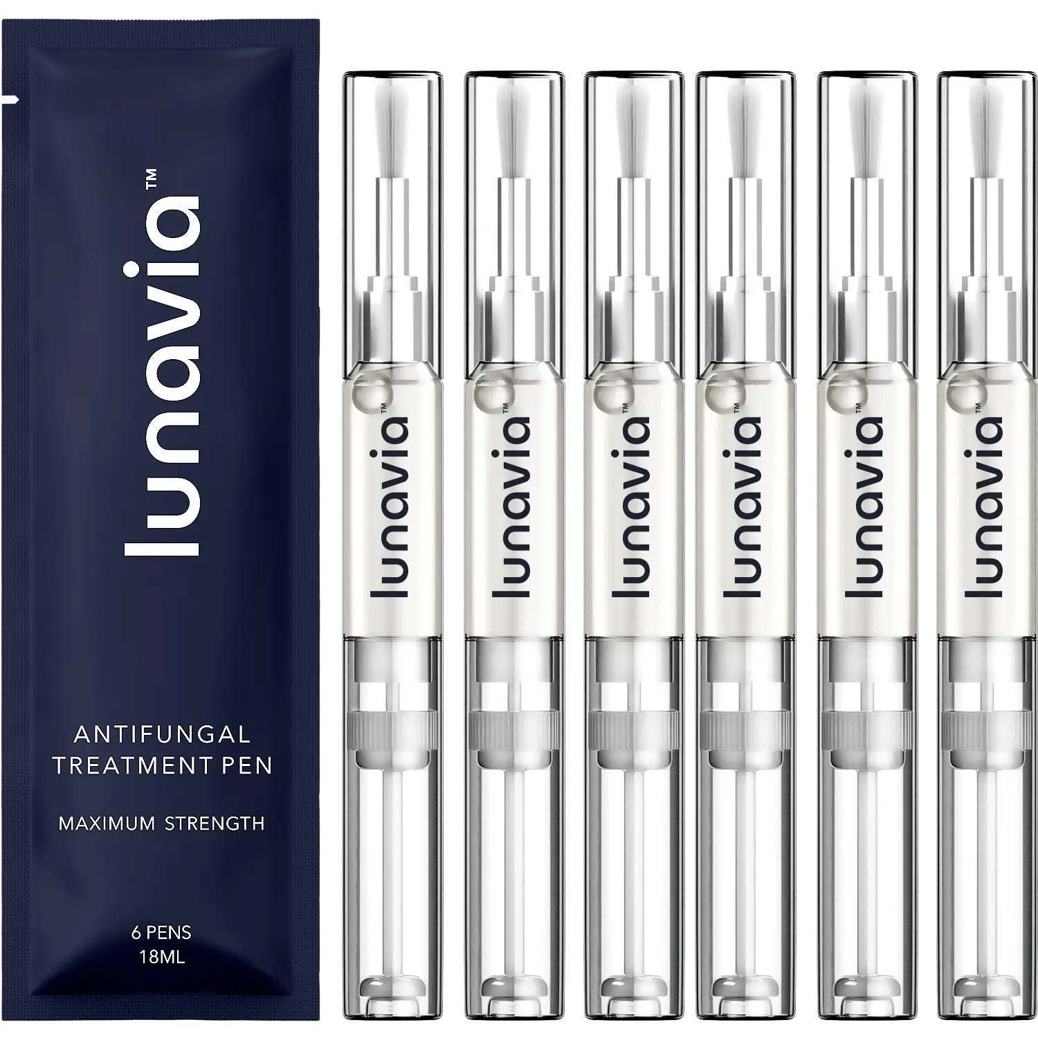 Three antifungal treatment pens and a packaging pouch labeled 'lunavia.'